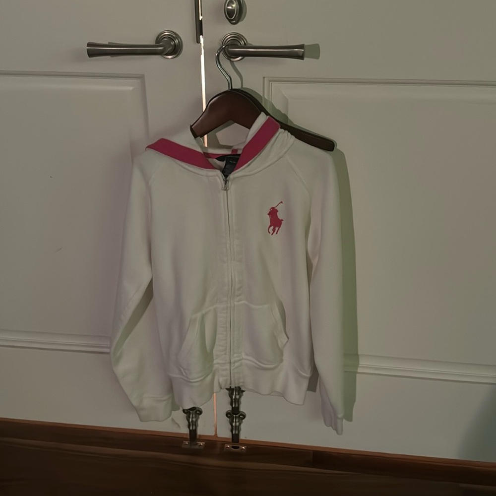 White Ralph Lauren Zip Up with Pink embroidery and Accents